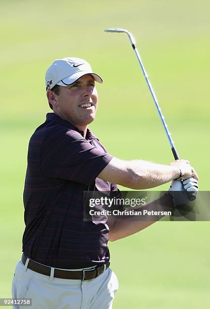 Justin Leonard hits his second shot on the 17th hole during the third round of the Frys.com Open at Grayhawk Golf Club on October 24, 2009 in...