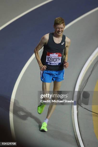 Tom Bosworth of Great Britain on his way to victory and setting a world indoor record in the men's 3000m race walk during the Muller Indoor Grand...