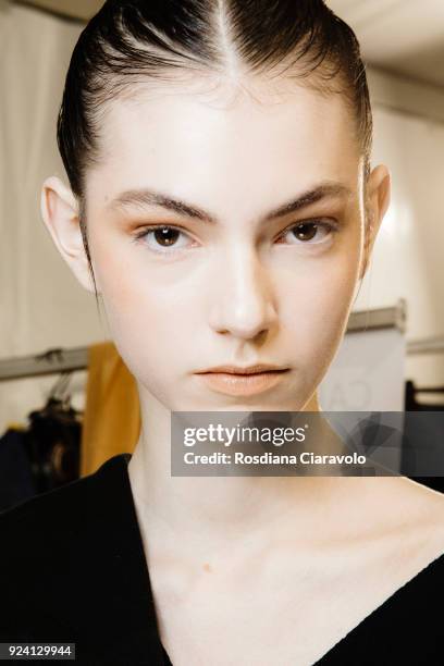 Model Alberte Mortensen is seen backstage ahead of the Philosophy Di Lorenzo Serafini show during Milan Fashion Week Fall/Winter 2018/19 on February...