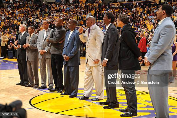 Los Angeles Laker legends Jerry West, Norm Nixon, Jamaal Wlkes, James Worthy, Michael Cooper, Earvin Johnson, A.C. Green, Rick Fox, and Robert Horry...