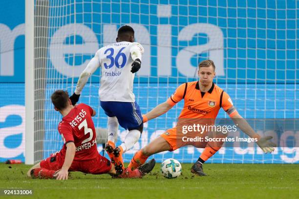 Panagiotis Retsos of Bayer Leverkusen, Breel Embolo of Schalke 04, Bernd Leno of Bayer Leverkusen during the German Bundesliga match between Bayer...