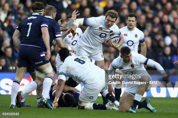 Joe Launchbury of England holds onto the ball during the NatWest Six Nations match between Scotland and England at Murrayfield on February 24, 2018...