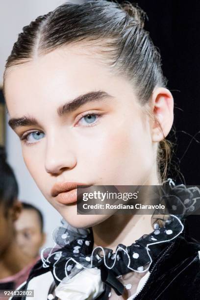 Model Meghan Roche is seen backstage ahead of the Philosophy Di Lorenzo Serafini show during Milan Fashion Week Fall/Winter 2018/19 on February 24,...