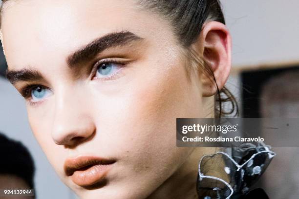 Model Meghan Roche is seen backstage ahead of the Philosophy Di Lorenzo Serafini show during Milan Fashion Week Fall/Winter 2018/19 on February 24,...
