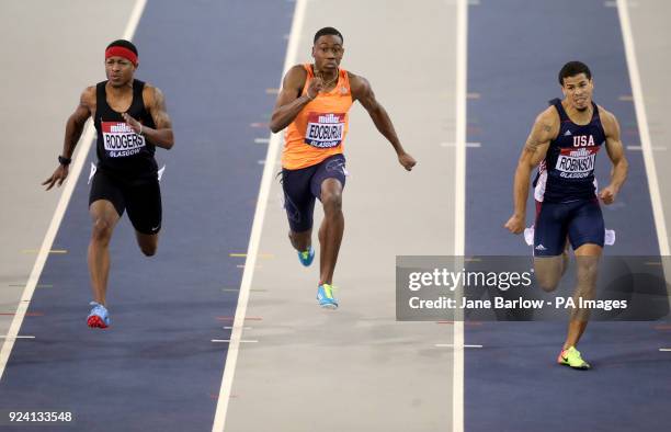 United States' Michael Rodgers, Great Britain's Olie Edoburun and United States' Bryce Robinson in the Men's 60 metres during the Muller Indoor Grand...