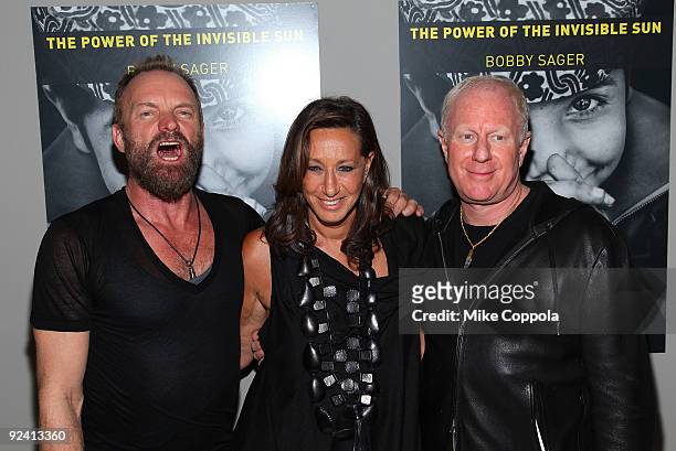 Musician Sting, fashion designer Donna Karan, and philanthropist Bobby Sager attend "The Power Of The Invisible Sun" book launch party at Donna...