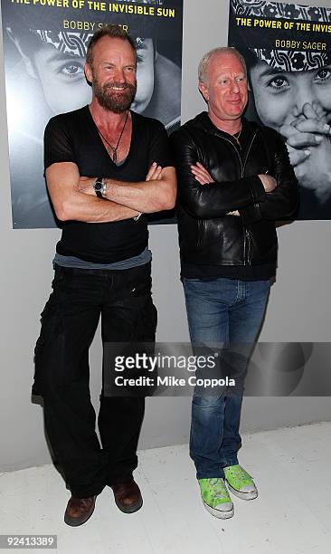 Musician Sting and philanthropist Bobby Sager attend "The Power Of The Invisible Sun" book launch party at Donna Karan's Urban Zen Center at the...