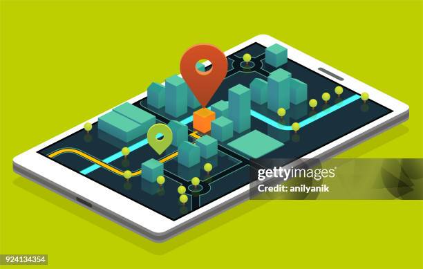 phone navigation - isometric town stock illustrations