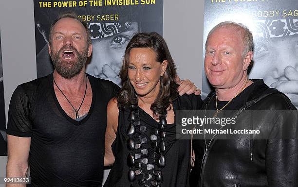 Musician Sting, designer Donna Karan and Bobby Sager attend "The Power Of The Invisible Sun" book launch party at Donna Karan's Urban Zen Center at...