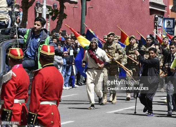 Army's lieutenant Rodolfo Choque, acting as messenger Gregorio Collque "Goyo" who reported in 1879 about Chilean invasion, arrives at the Plaza de...