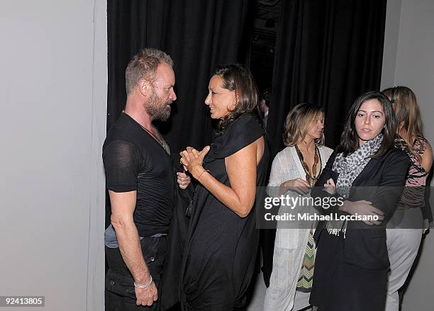 Musician Sting and designer Donna Karan attend "The Power Of The Invisible Sun" book launch party at Donna Karan's Urban Zen Center at the Stephen...