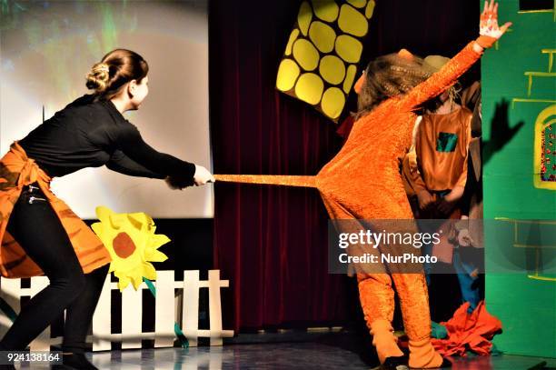 Children perform on the stage during a children's theatre held by a Russian-speaking community in Ankara, Turkey on February 25, 2018.