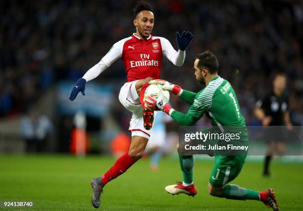 Claudio Bravo of Manchester City and Pierre-Emerick Aubameyang of Arsenal compete for the ball during the Carabao Cup Final between Arsenal and...