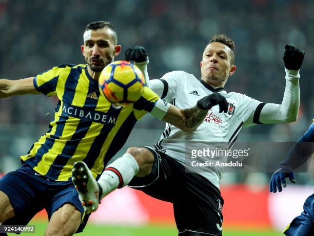 Mehmet Topal of Fenerbahce in action against Adriano of Besiktas during the Turkish Super Lig soccer match between Besiktas vs Fenerbahce at Vodafone...