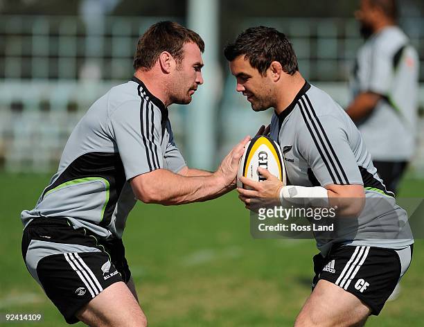 Hookers Andrew hore and Cory Flynn in action during a New Zealand All Blacks training session at Kubota Spears Rugby Field in Chiba on October 28,...