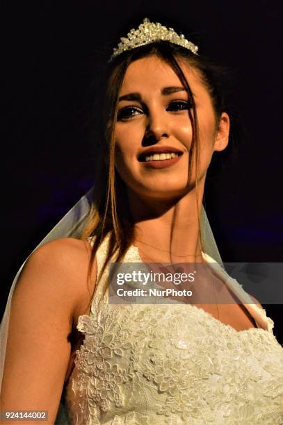 Model walks the runway during a fashion show within the 1st Wedding Preparations Festival in Ankara, Turkey on February 25, 2018.