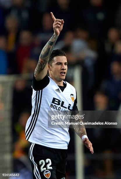 Santi Mina of Valencia celebrates after scoring his side's first goal during the La Liga match between Valencia CF and Real Sociedad at Mestalla...