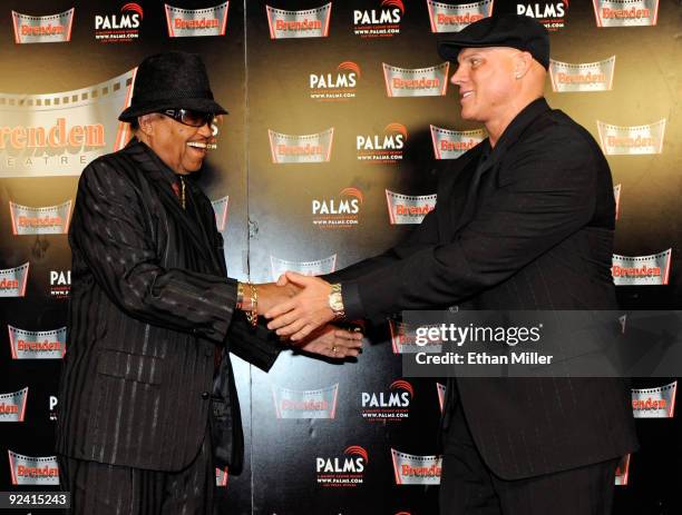 Joe Jackson and President and CEO of the Brenden Theatre Corp. Johnny Brenden appear during the unveiling of a celebrity star honoring Jackson and...