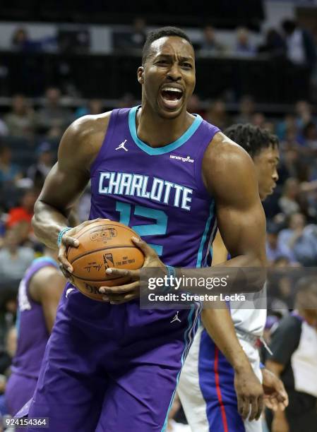 Dwight Howard of the Charlotte Hornets reacts after a play against the Detroit Pistons during their game at Spectrum Center on February 25, 2018 in...