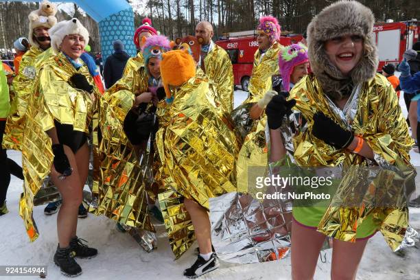 Runner wearing only running shoes, hat and swimsuit is seen in Garczyn, northern Poland on 25 February 2018 Over 200 runners competite on 4 km...