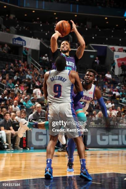 Michael Carter-Williams of the Charlotte Hornets shoots the ball against the Detroit Pistons on February 25, 2017 at Spectrum Center in Charlotte,...