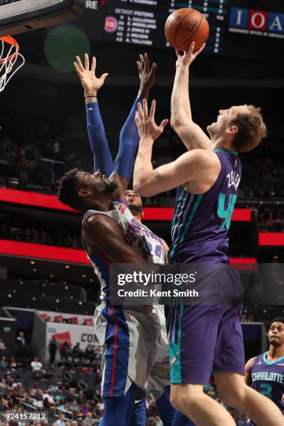 Cody Zeller of the Charlotte Hornets shoots the ball against the Detroit Pistons on February 25, 2017 at Spectrum Center in Charlotte, North...
