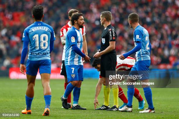 Roberto Rosales of Malaga CF, Manuel Iturra of Malaga CF, Maxime Lestienne of Malaga CF, during the La Liga Santander match between Athletic de...