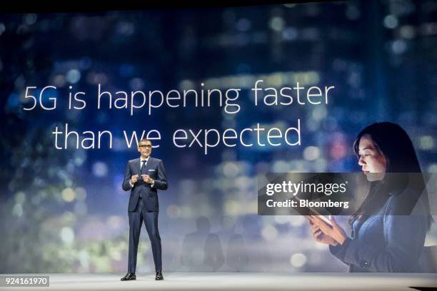 Rajeev Suri, president and chief executive officer of Nokia Oyj, speaks during a special event ahead of the Mobile World Congress in Barcelona,...