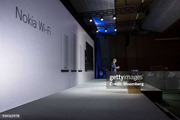 Rajeev Suri, president and chief executive officer of Nokia Oyj, speaks during a special event ahead of the Mobile World Congress in Barcelona,...