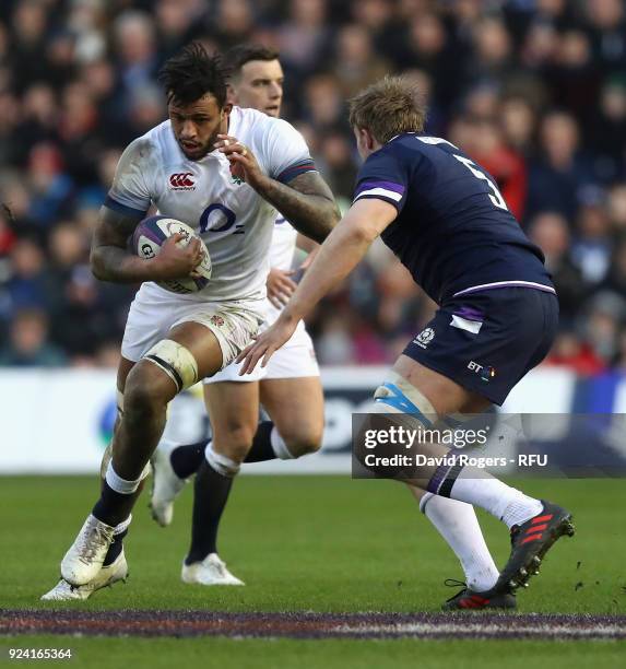 Courtney Lawes of England is tackled by Jonny Gray during the NatWest Six Nations match between Scotland and England at Murrayfield on February 24,...