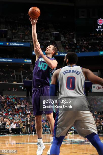 Cody Zeller of the Charlotte Hornets shoots the ball against the Detroit Pistons on February 25, 2017 at Spectrum Center in Charlotte, North...