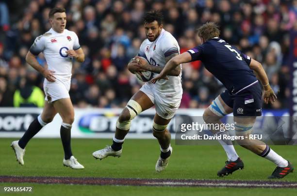 Courtney Lawes of England is tackled by Jonny Gray during the NatWest Six Nations match between Scotland and England at Murrayfield on February 24,...
