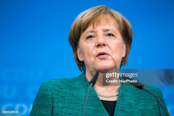 German Chancellor Angela Merkel holds a news conference to announce the names of the possible future Ministers at Konrad-Adenauer-Haus in Berlin,...