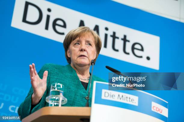 German Chancellor Angela Merkel holds a news conference to announce the names of the possible future Ministers at Konrad-Adenauer-Haus in Berlin,...