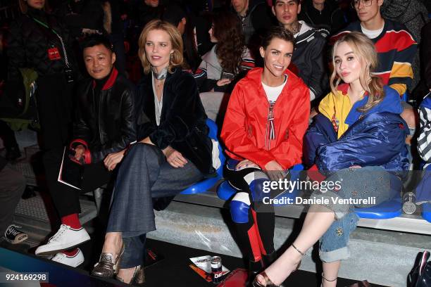 Shawn Yue, Eva Herzigova, Ruby Rose and Sabrina Carpenter attend the Tommy Hilfiger show during Milan Fashion Week Fall/Winter 2018/19 on February...