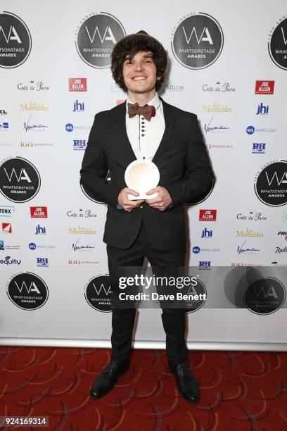 Fra Fee, winner of the Best Supporting Actor In A Play award for "The Ferryman", poses in the press room at the 18th Annual WhatsOnStage Awards at...