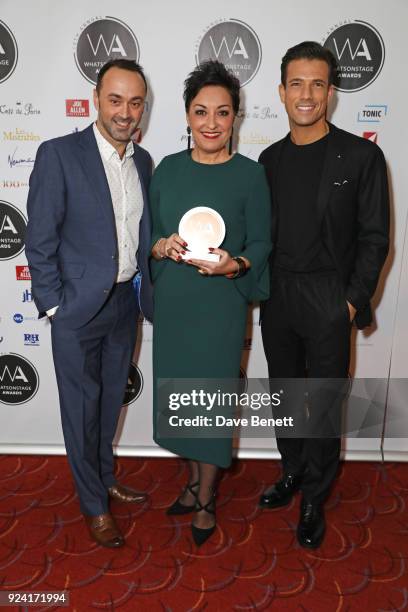 Chris Stafford, Curve Theatre CEO, Ria Jones and Danny Mac, accepting the Best Regional Production award for "Sunset Boulevard", pose in the press...