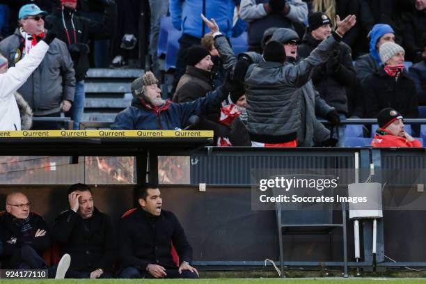 Assistant trainer Jan Wouters of Feyenoord, assistant trainer Jean Paul van Gastel of Feyenoord, coach Giovanni van Bronckhorst of Feyenoord during...