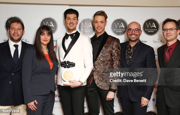 The company of "Hair", accepting the Best Off West End production award, pose in the press room at the 18th Annual WhatsOnStage Awards at the Prince...