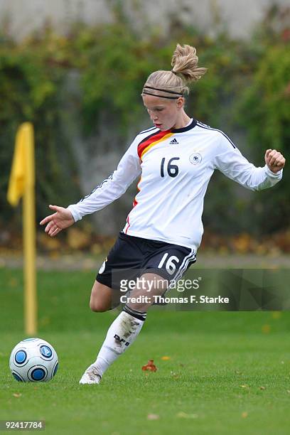 Tabea Kemme of Germany kicks the ball during the Women's International friendly match between Germany U20 and Sweden U23 at the August Wenzel stadium...