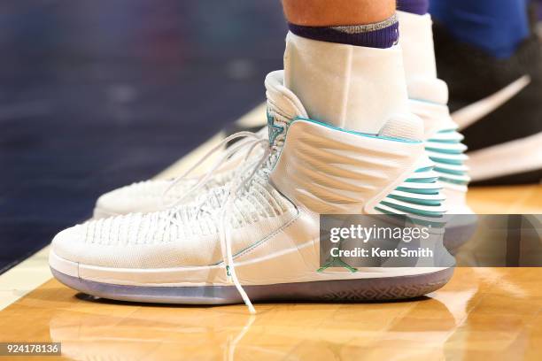 Sneakers of Cody Zeller of the Charlotte Hornets during the game against the Detroit Pistons on February 25, 2017 at Spectrum Center in Charlotte,...