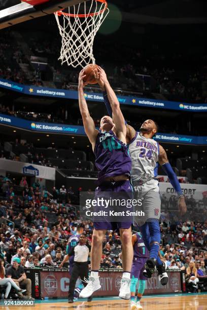 Cody Zeller of the Charlotte Hornets handles the ball against the Detroit Pistons on February 25, 2017 at Spectrum Center in Charlotte, North...