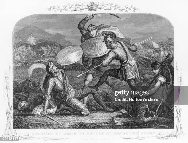 King Richard III is killed during the Battle of Bosworth Field, near Market Bosworth in Leicestershire, during the Wars of the Roses, 22nd August...