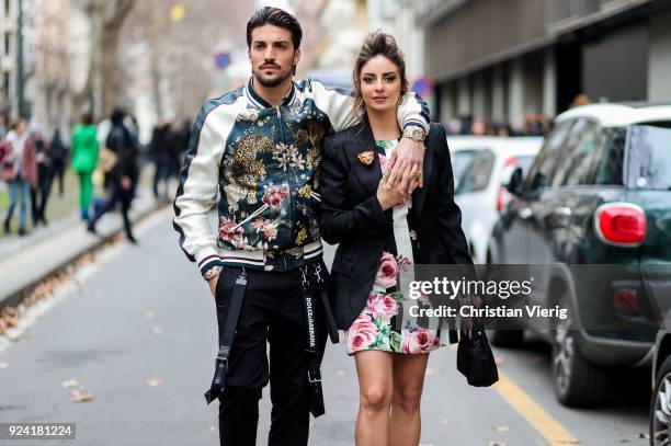 Couple Mariano Di Vaio and Eleonora Brunacci is seen outside Dolce & Gabbana during Milan Fashion Week Fall/Winter 2018/19 on February 25, 2018 in...