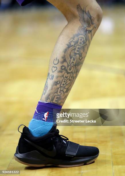Detailed view of a tatoo on the leg of Jeremy Lamb of the Charlotte Hornets against the Detroit Pistons during their game at Spectrum Center on...