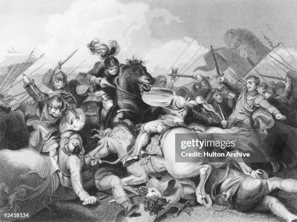 King Richard III's Yorkist troops fight Lancastrians in the Battle of Bosworth Field, during the Wars of the Roses, 22nd August 1485. King Richard...