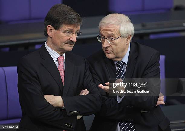 German Economy Minister designate and member of the German Free Democrats Rainer Bruederle chats with FDP finance expert Hermann Otto Solms at a...