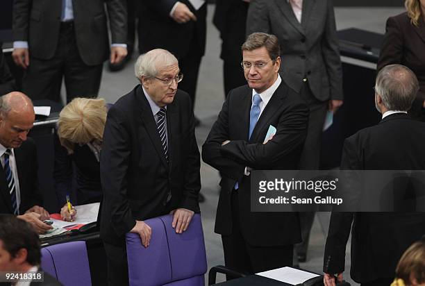 German Economy Minister designate and member of the German Free Democrats Rainer Bruederle chats with FDP Chairman and Vice Chancellor and Foreign...