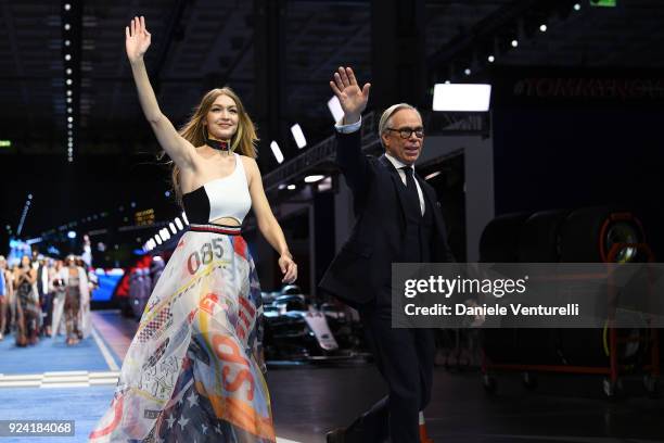 Gigi Hadid and Tommy Hilfiger walks the runway at the Tommy Hilfiger show during Milan Fashion Week Fall/Winter 2018/19 on February 25, 2018 in...