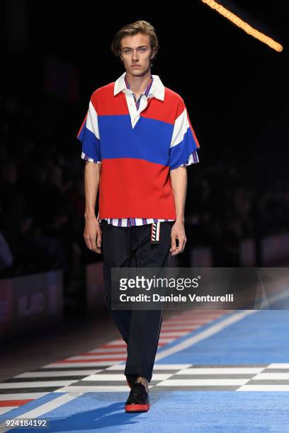 Lucky Blue Smith walks the runway at the Tommy Hilfiger show during Milan Fashion Week Fall/Winter 2018/19 on February 25, 2018 in Milan, Italy.
